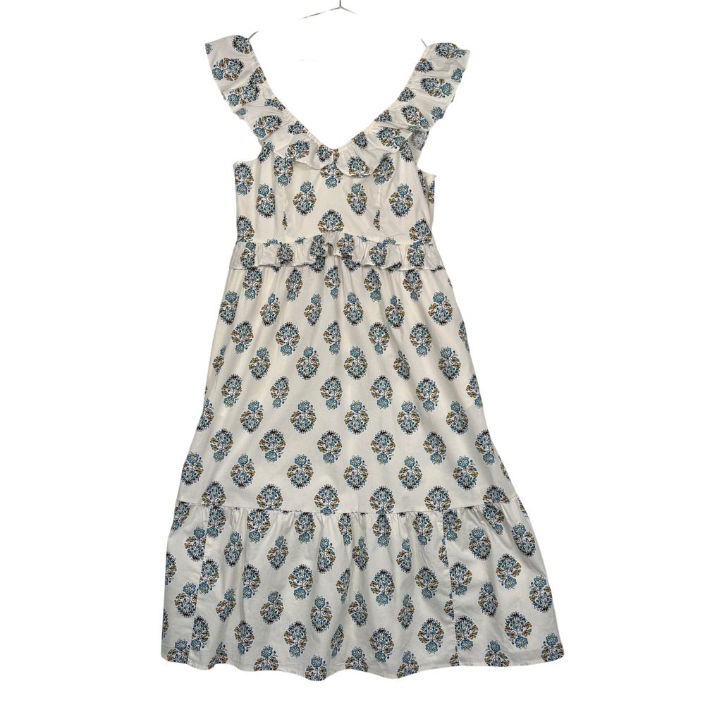 J.Crew Women Dress 10P White Floral Block Print Ruffle‎ Tiered Midi CC798 NWT